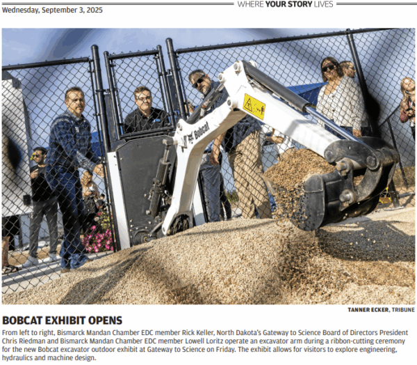 Bismarck Tribune Front Page Clip Showing Bismarck Chamber and NDGTS Board members with excavator